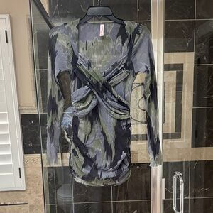 Sweet Pea Olive Green and Navy Blue Long Sleeve Wrap Blouse